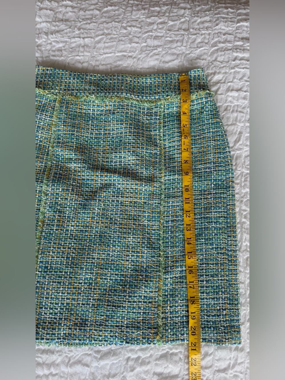 J McLaughlin Tweed A Line Skirt Teal Green Fringe Trim Lined Size 4 - Picture 8 of 12